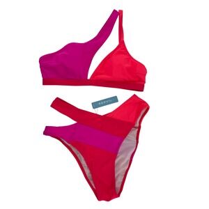Popvil One Shoulder Colorblock Bikini Set Pink Red High‎ Waist Cutout Size Small